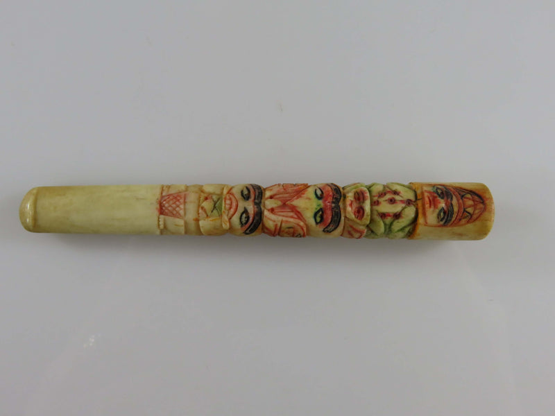 Antique Alaskan Inuit Eskimo Style Painted Scrimshaw Totem Pole Cigarette Tip Holder