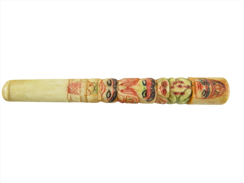 Antique Alaskan Inuit Eskimo Style Painted Scrimshaw Totem Pole Cigarette Tip Holder