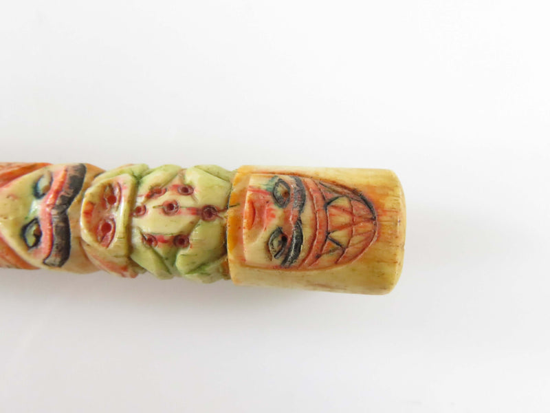 Antique Alaskan Inuit Eskimo Style Painted Scrimshaw Totem Pole Cigarette Tip Holder