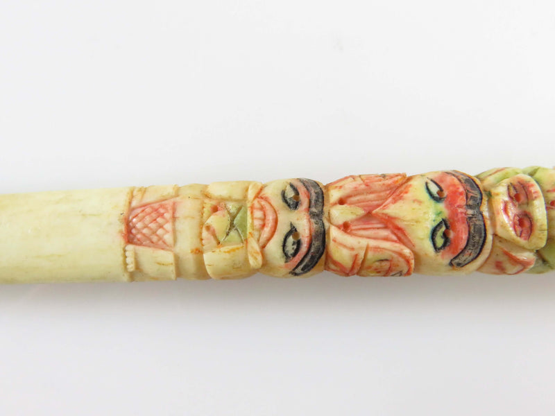 Antique Alaskan Inuit Eskimo Style Painted Scrimshaw Totem Pole Cigarette Tip Holder