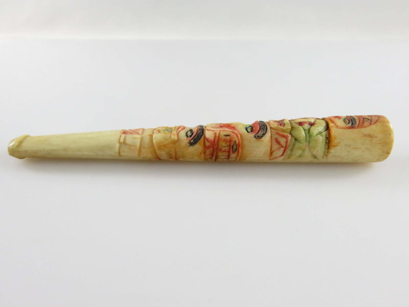 Antique Alaskan Inuit Eskimo Style Painted Scrimshaw Totem Pole Cigarette Tip Holder