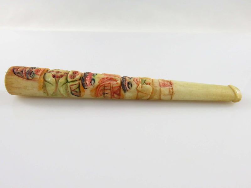 Antique Alaskan Inuit Eskimo Style Painted Scrimshaw Totem Pole Cigarette Tip Holder