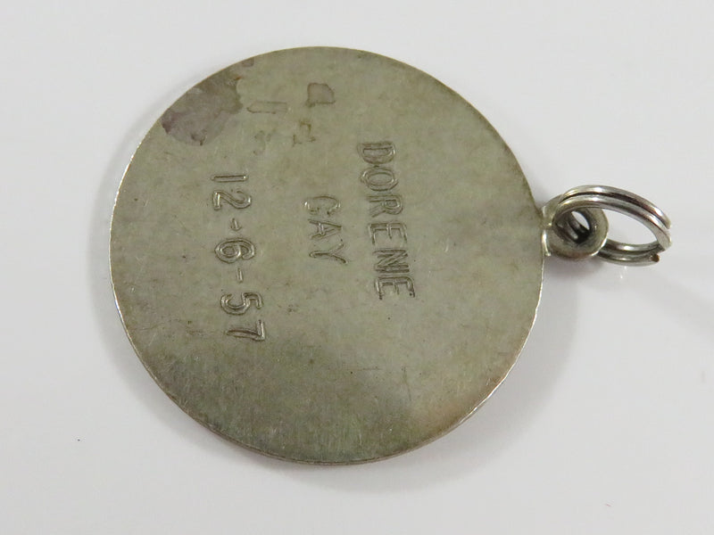 Vintage c1960 Silver Unknown Metal Girl Charm Engraved 12-6-1957 Dorene Gay