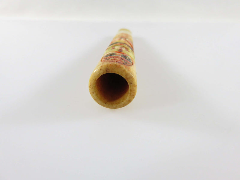 Antique Alaskan Inuit Eskimo Style Painted Scrimshaw Totem Pole Cigarette Tip Holder