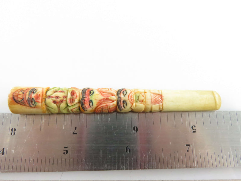 Antique Alaskan Inuit Eskimo Style Painted Scrimshaw Totem Pole Cigarette Tip Holder