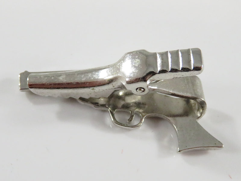 Vintage Unbranded Silvered Pistol Tie Bar 1 1/16" Wide Alligator Clip