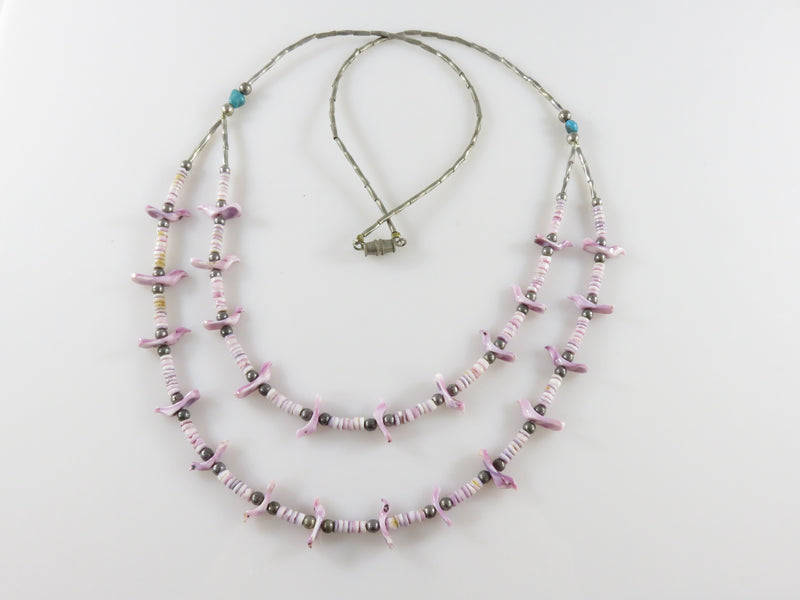 Zuni Hand Carved Purple Shell Double Strand 23" Fetish Necklace with Turquoise