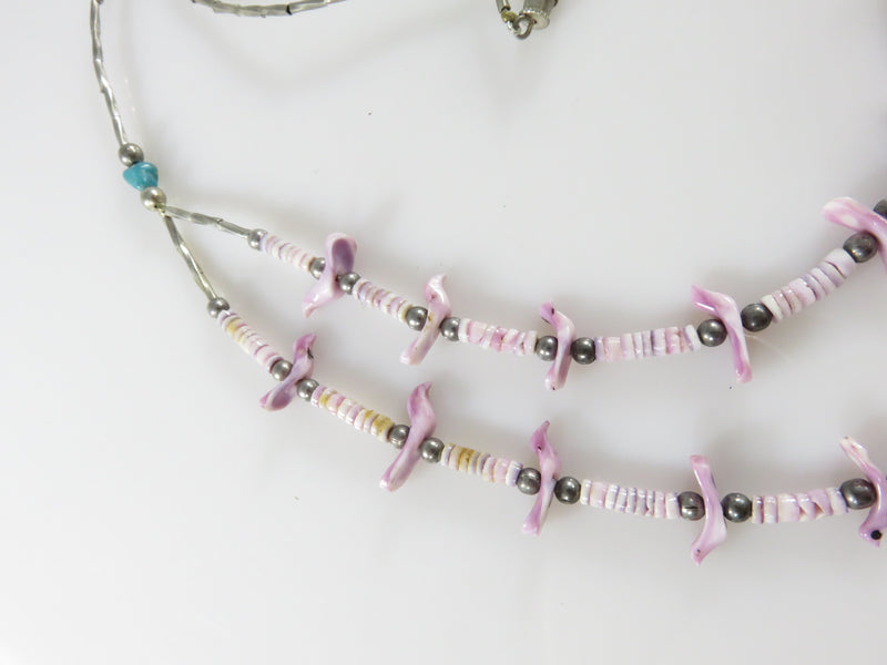 Zuni Hand Carved Purple Shell Double Strand 23" Fetish Necklace with Turquoise
