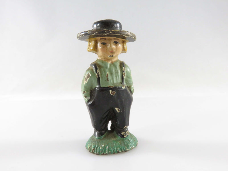 Antique Cast Iron Amish Boy Green Black Clothing 2 1/2" Tall