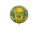 Rare Sax Rohmer The Shadow of Fu Manchu 1939 Green & Yellow Pinback Radio Show Fun — front view