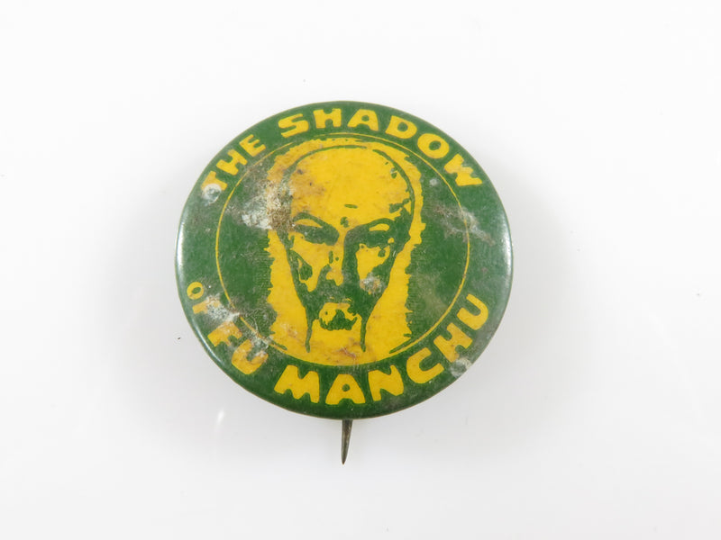 Rare Sax Rohmer The Shadow of Fu Manchu 1939 Green & Yellow Pinback Radio Show Fun