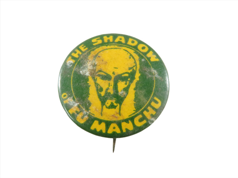 Rare Sax Rohmer The Shadow of Fu Manchu 1939 Green & Yellow Pinback Radio Show Fun