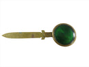 Antique Brass Bookmark Damaged Machine Turned Green Enamel Button Top — Enamel — front view