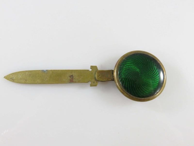 Antique Brass Bookmark Damaged Machine Turned Green Enamel Button Top