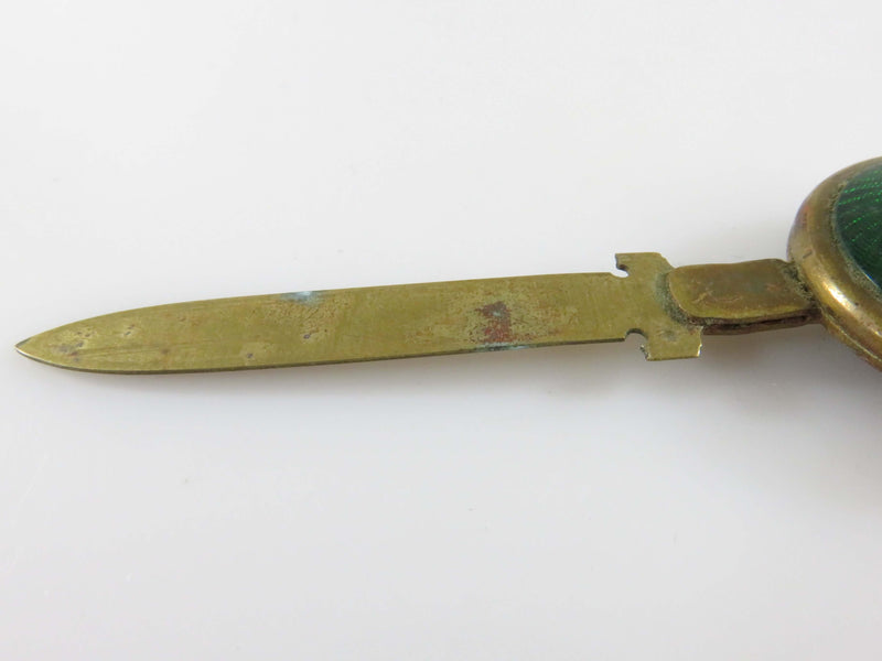 Antique Brass Bookmark Damaged Machine Turned Green Enamel Button Top