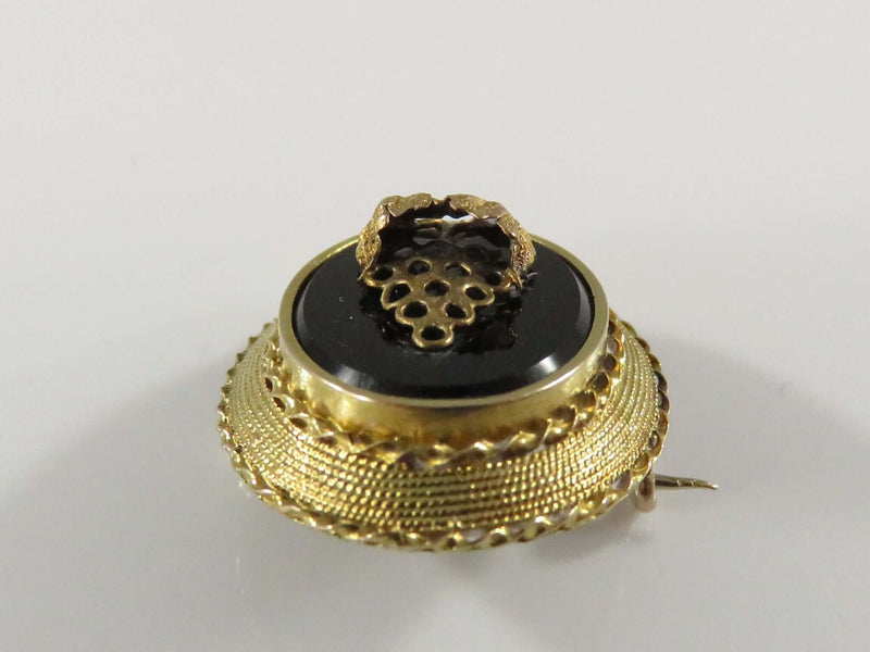 Antique 14K Yellow Gold Oval Onyx Plaque Grape Decorated Collar Pin 22.56mm x 18