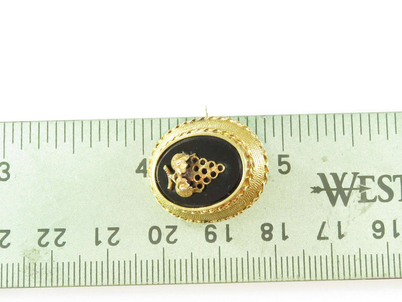 Antique 14K Yellow Gold Oval Onyx Plaque Grape Decorated Collar Pin 22.56mm x 18