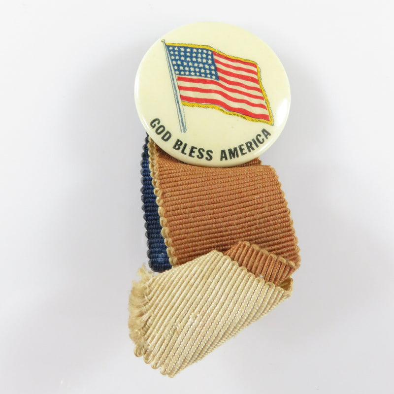 WW2 Home Front American Flag Red White & Blue Ribbon God Bless America Pinback