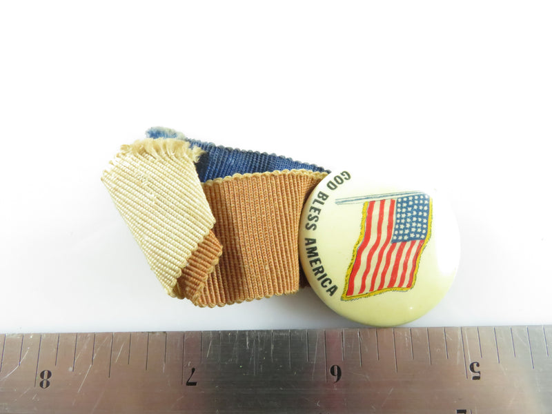 WW2 Home Front American Flag Red White & Blue Ribbon God Bless America Pinback