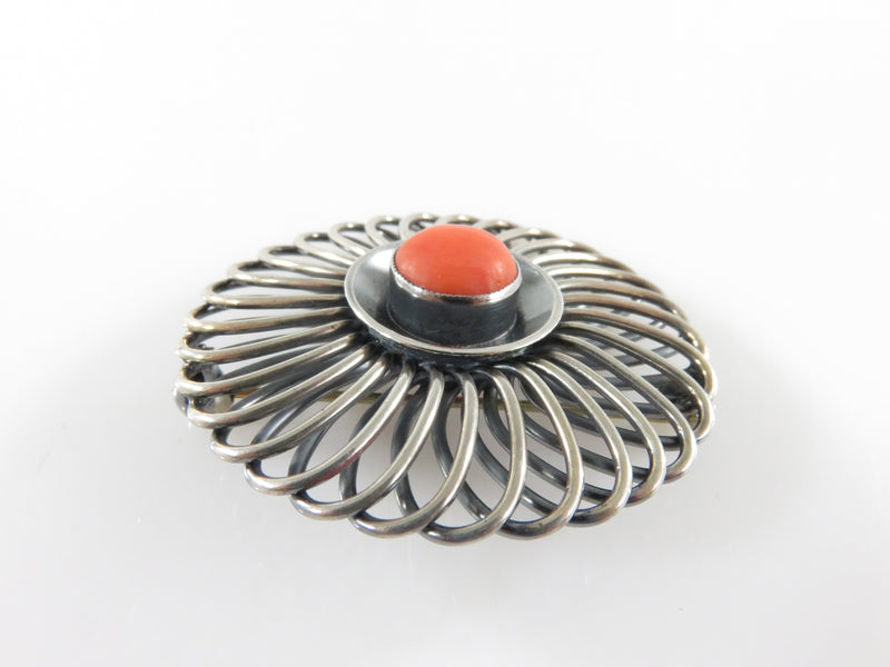 Mid Century Modern Round Spiraling 935 Silver Red Cabochon Coral Brooch