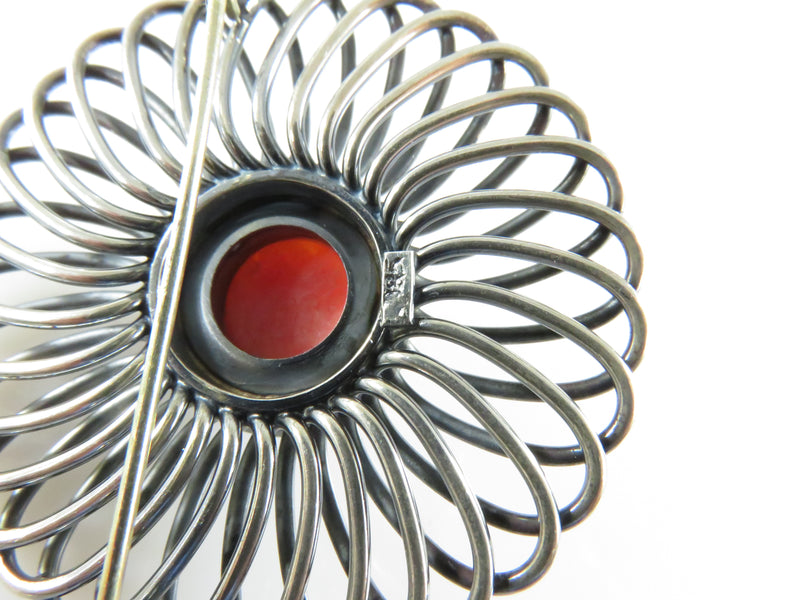 Mid Century Modern Round Spiraling 935 Silver Red Cabochon Coral Brooch