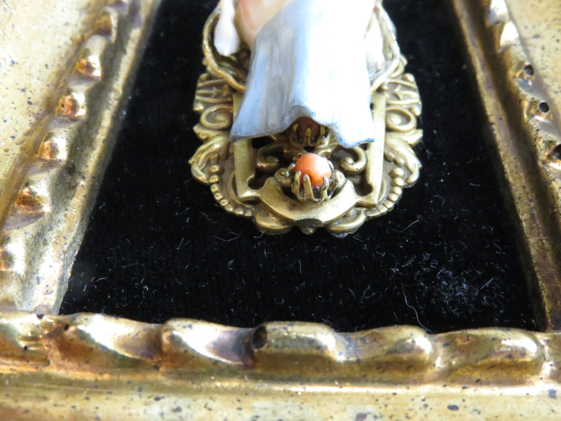 Vintique Hand Painted Porcelain Mask Pierced Gilded Metal Mount with Coral Cabochon