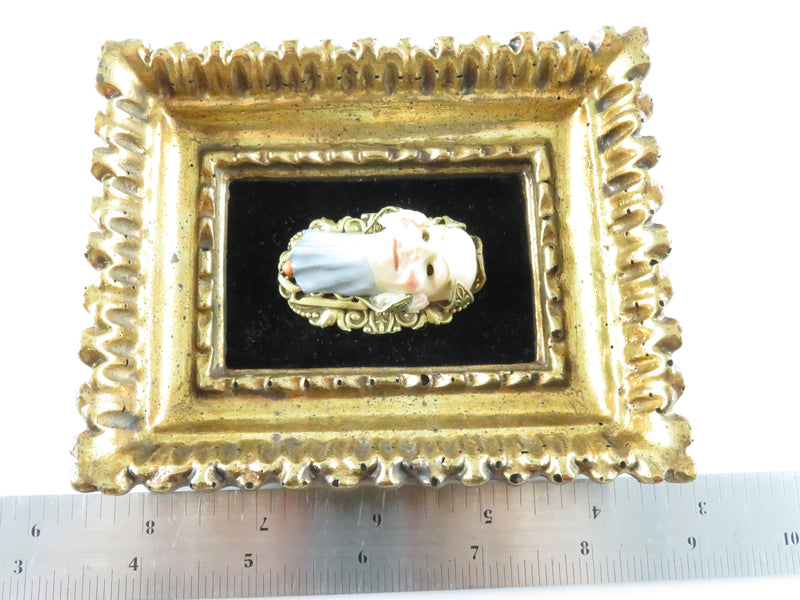 Vintique Hand Painted Porcelain Mask Pierced Gilded Metal Mount with Coral Cabochon