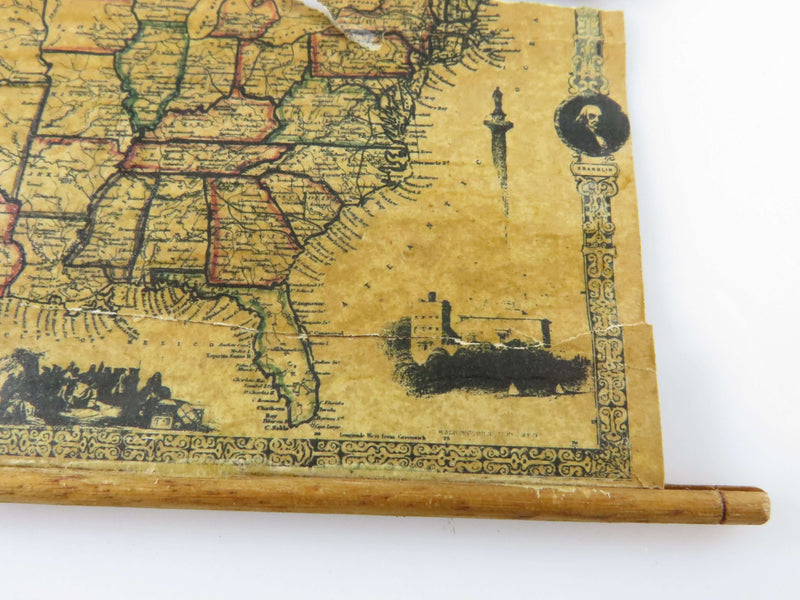 Antique Miniature Wall Hanging Map Circa 1850's US Map Poor Condition For Restoration