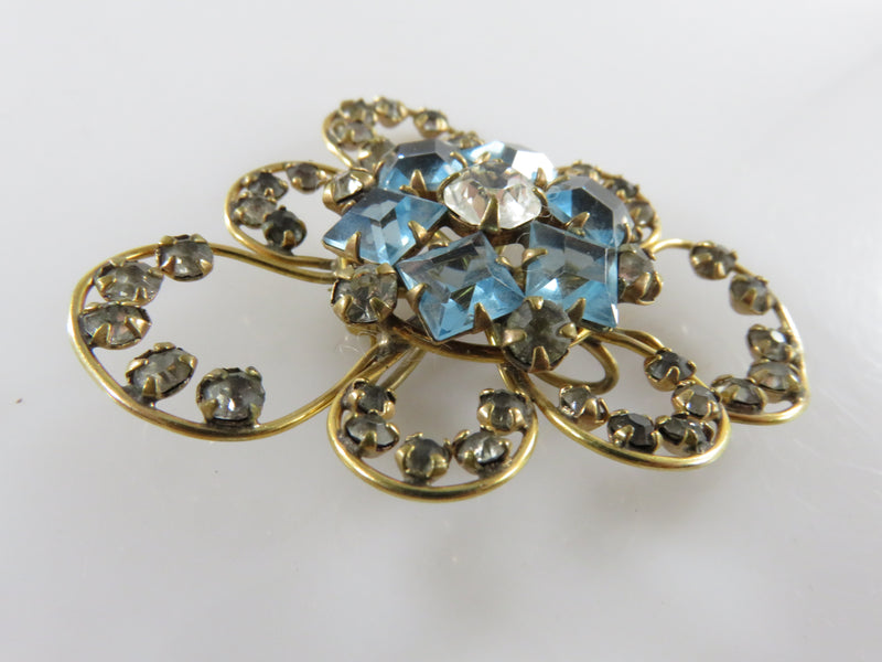 Modernist Gold Filled Free Flowing Brooch Blue White Rhinestones by M&S Mfg Co