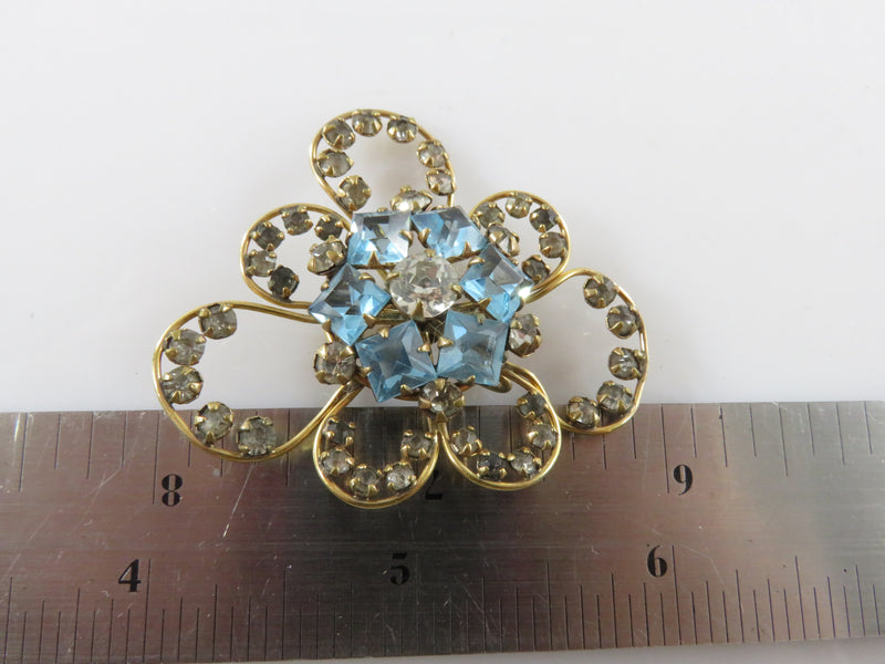 Modernist Gold Filled Free Flowing Brooch Blue White Rhinestones by M&S Mfg Co
