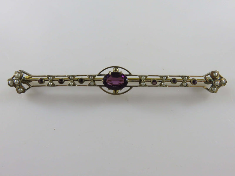 Antique 3 1/2" Foster & Bailey Purple glass Seed Pearl Accented Brooch Pin