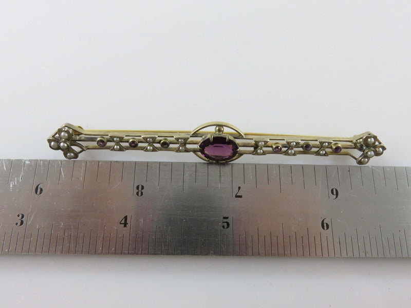 Antique 3 1/2" Foster & Bailey Purple glass Seed Pearl Accented Brooch Pin