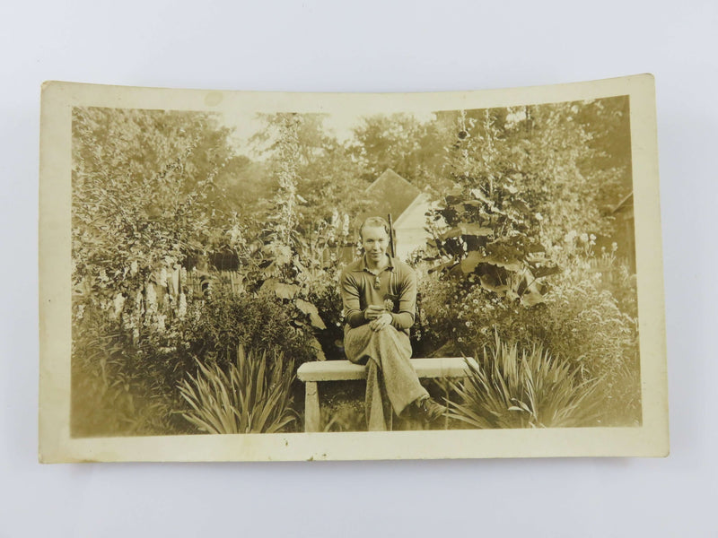 Fabulous 1930 Man on Bench in the Garden 5 1/8" x 3 1/8" Photograph