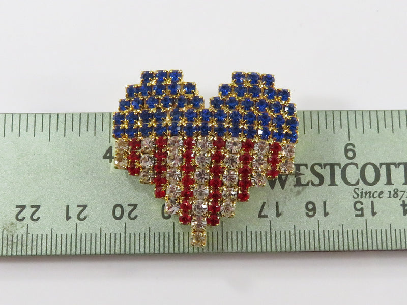 Retro Red White & Blue Patriotic Rhinestone Heart Brooch by OTC 1 1/2" Wide