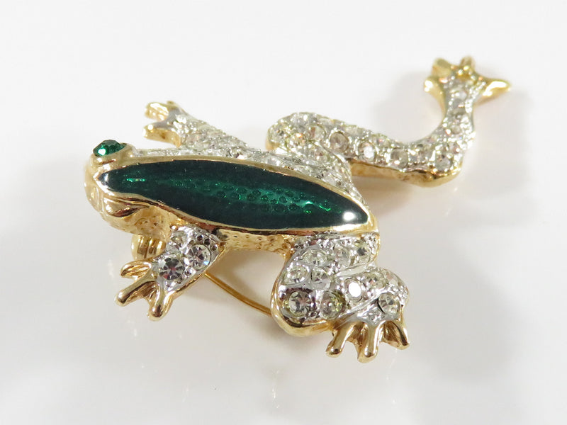Vintage Sparkling Roman Tree Frog Brooch with Rhinestones and Enamel 1 3/4" Wide x 1 3/4" High