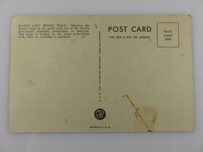 Radio City Music Hall Manhattan Post Card Publishing Circa 1940's Unused Linen P