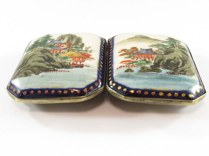 Antique Japanese Blue Trimmed Satsuma Sash Belt Buckle Set in Silver Village Sce