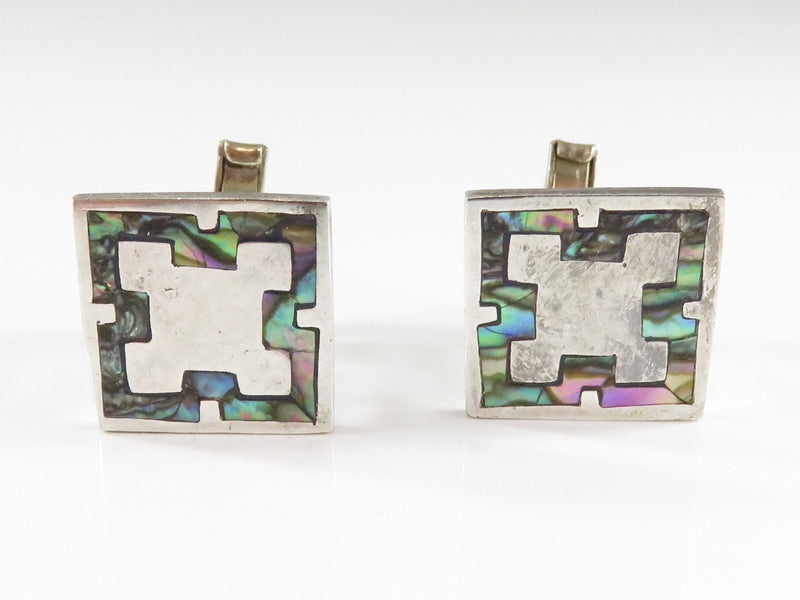 Vintage Sterling Geometric Form Abalone Cufflink Set Mid Century Taxco Mexico