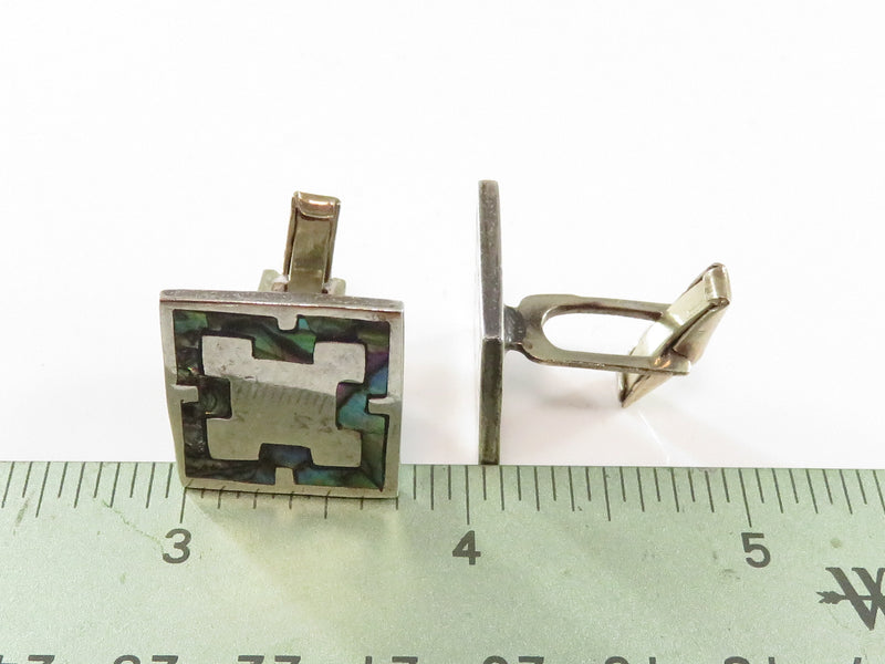 Vintage Sterling Geometric Form Abalone Cufflink Set Mid Century Taxco Mexico