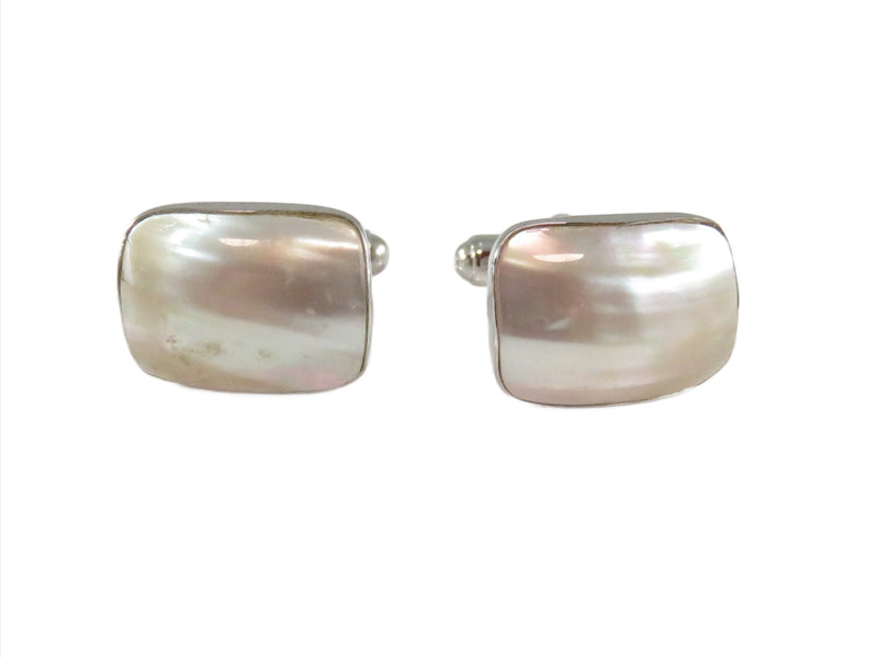 Sterling Round Polished Shell Accented Bullet Back Dress Cufflink Set