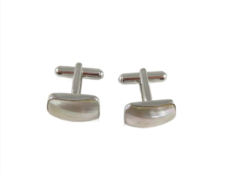 Sterling Round Polished Shell Accented Bullet Back Dress Cufflink Set. Side view.