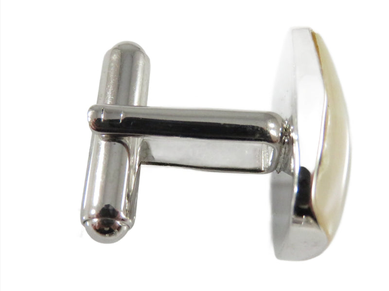 Sterling Round Polished Shell Accented Bullet Back Dress Cufflink Set. Close up view.