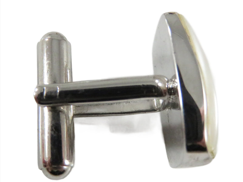 Sterling Round Polished Shell Accented Bullet Back Dress Cufflink Set. Close up view.
