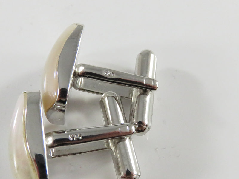 Sterling Round Polished Shell Accented Bullet Back Dress Cufflink Set. Side view with 925 mark.