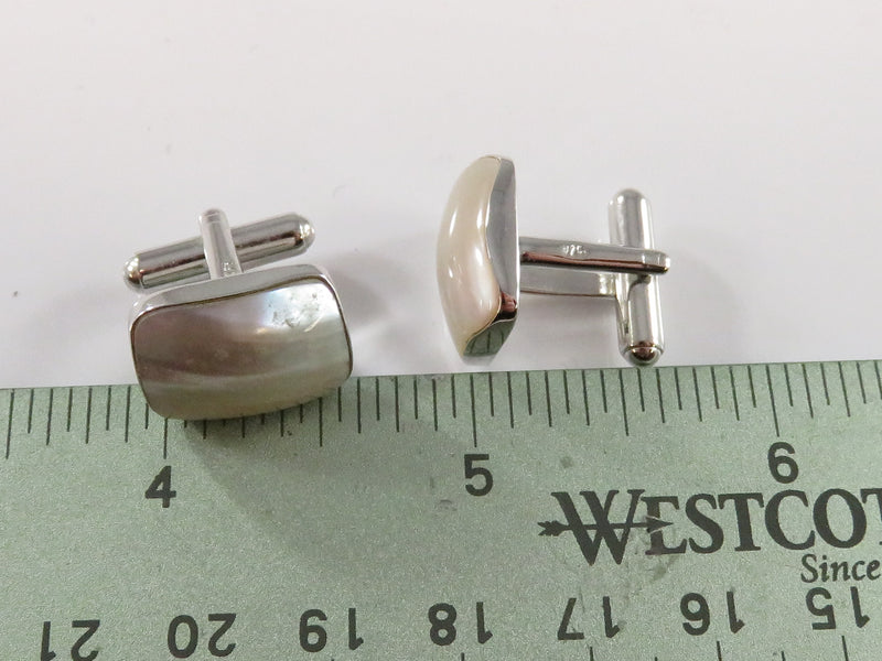 Sterling Round Polished Shell Accented Bullet Back Dress Cufflink Set with measurement.