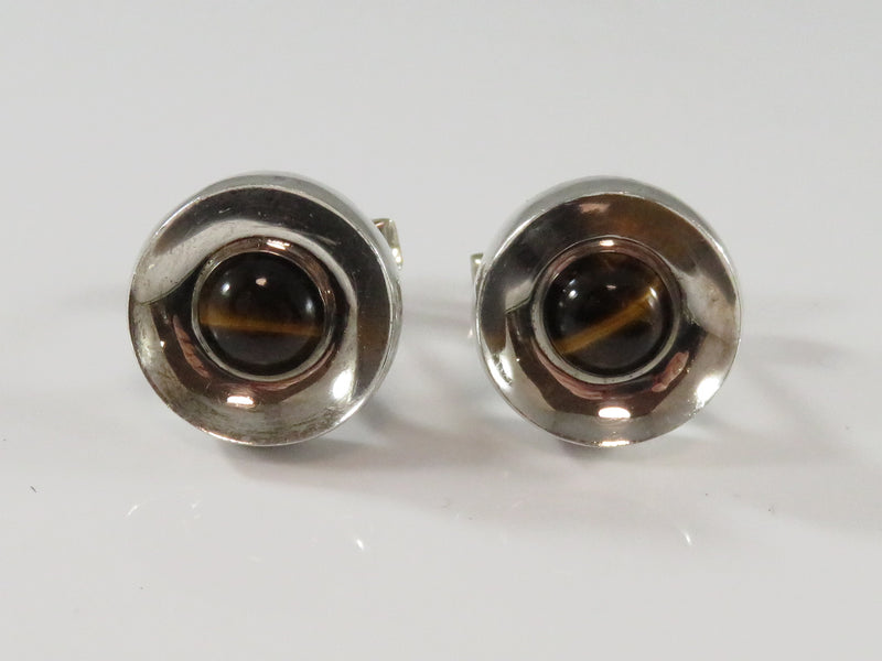 Vintage Sterling Round Form Cabochon Tigers Eye Cufflink Set Mid Century Taxco Mexico