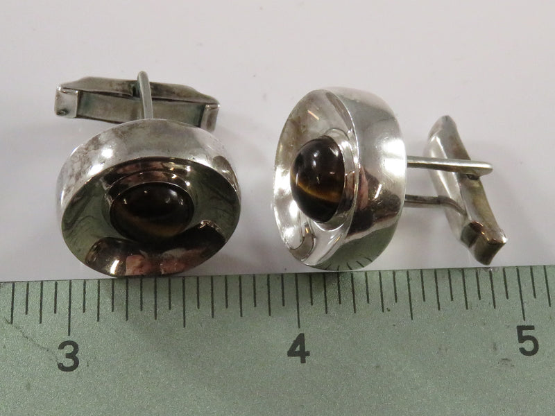 Vintage Sterling Round Form Cabochon Tigers Eye Cufflink Set Mid Century Taxco Mexico