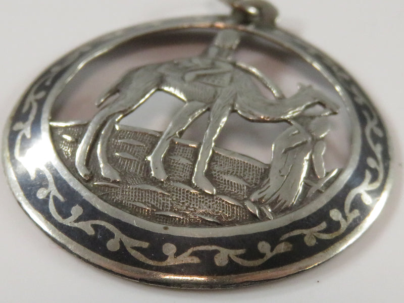 Vintage 900 Silver Black Niello Enamel Camel Pendant