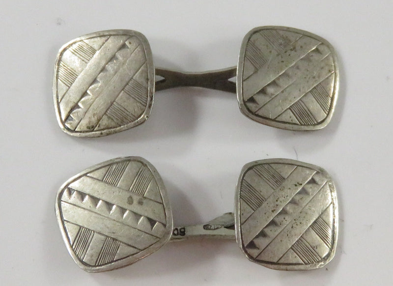 Vintage Art Deco Style Square Form 800 Silver Cufflink Set with Cross Bar Connec