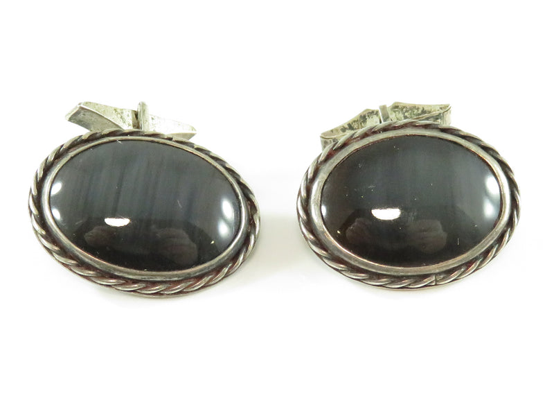 Sterling Silver Fancy Oval Polished Stone Twisted Wire Surround Bullet Back Dres